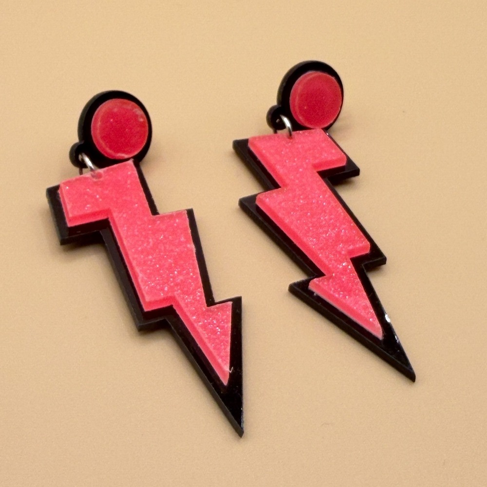 Hot Pink Glitter Lightning Bolt Dangle Earrings Black Acrylic Statement Y2K Punk